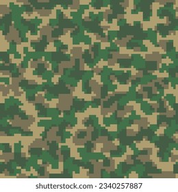 Green Seamless Graphic Geometric Combat Fabric. Repeated Khaki Grunge Digital Camo Design.  Desert Repeated War Pixel Military Wallpaper. Dark Vector Soldier Backdrop. 