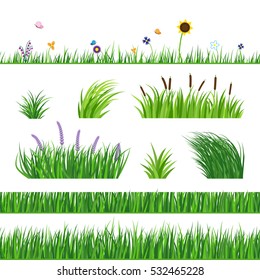 Green seamless grass elemnts. Lawn grass, reed and sunflower. Flying butterflies and flowers. Horizontal seamless elements.