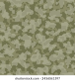 Fondo de pantalla de camuflaje digital Grunge sin costuras verde. Repetida Marrón Vector Abstractas Soldado Textil.  Arte de combate geométrico en color repetido beige. Impresión militar de píxel oscuro. 