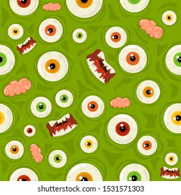 Green seamless Halloween background with colored eyes, mouth and brain in potion. Illustration can be used for backdrops, wrapper, holiday cards, children's clothing or things design, banners.