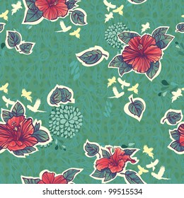 green Seamless hibiscus pattern. repeating floral pattern