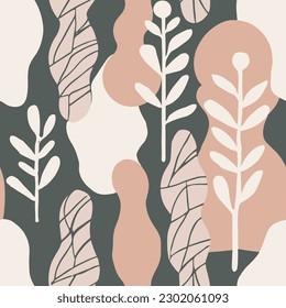Green Seamless Nature Palm Element Wallpaper. White Continuous Elegant Trendy Leaves, Seamless Backdrop. Light Repeated Color Branch Surface Pattern. 