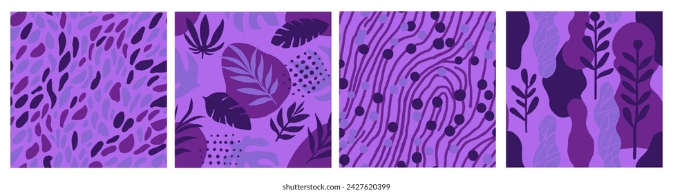 Green Seamless Nature Spring Fabrics Set. Purple Repetitive Elegant Flora Watercolor, Seamless Pattern. Pink Seamless Color Beach Textile Texture. 