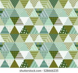 Green seamless patchwork pattern. Vector illustration of ethnic quilt.