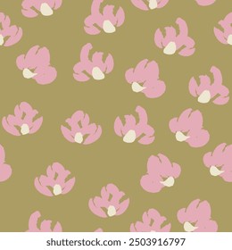 Green seamless pattern with abstract pink flowers. Vector square background, illustration, print, design. Japanese style