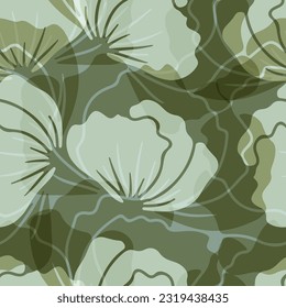 Patrón verde sin costuras con flores abstractas de amapola retro. Papel digital floral vintage