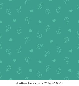 Green seamless pattern with anchors and hearts