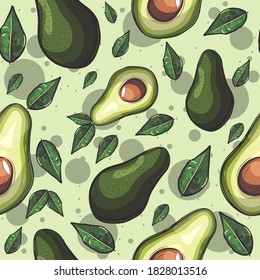 Green seamless pattern with avocado fruits and leaves. Repetitive summer background about nutrition and healthy food.