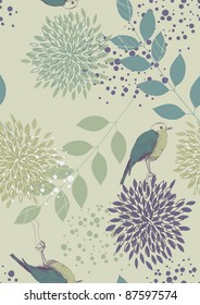 Green seamless pattern with birds and flowers