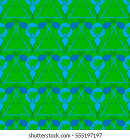 Green seamless pattern with blue shapes and curly lines for fabric, textile, scrapbooking, wrapping paper, manufacturing, prints, clothes, interior design