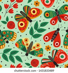 green seamless pattern with butterflies and flowers  - vector illustration, eps