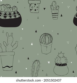 Сute green seamless pattern with cacti.