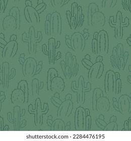 Green seamless pattern of cactus outline