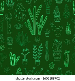Green seamless pattern with cactus and succulents. Cute vector cacti background. Repeat graphic print for fabric design