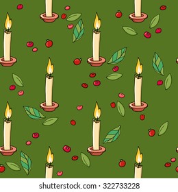 Green seamless pattern with candles, berries and leaves. Vector hand-drawn seamless pattern. Can be used for wallpaper, pattern fills, web page background, surface textures.