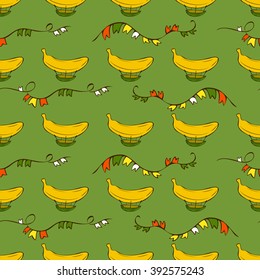 green seamless pattern with cartoon airship, vector illustration