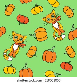 Green seamless pattern with cats and pumpkin.