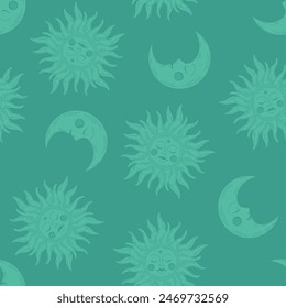 Green seamless pattern with celestial design