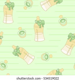Green seamless pattern with children's bottle of milk,green bow,hearts and circles on a white background.Vector illustration for design photo album,postcards.Picture for fabric,textile,wrapping paper.