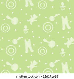 Green seamless pattern with children's toys, pacifier and sliders
