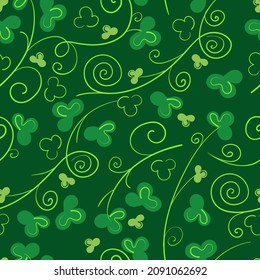 Green seamless pattern with clover and monograms. Festive vector flat background for st Patrick's day