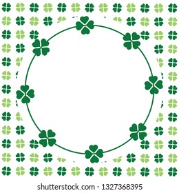 Green seamless pattern with clovers, shamrock leaves for St. Patrick's Day. Holiday symbol with frame, border for text, for greeting cards, banner or invitation