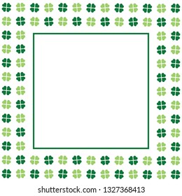 Green seamless pattern with clovers, shamrock leaves for St. Patrick's Day. Holiday symbol with frame, border for text, for greeting cards, banner or invitation