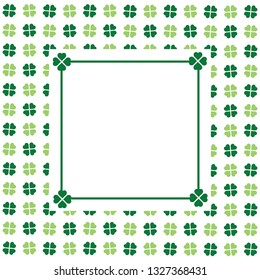 Green seamless pattern with clovers, shamrock leaves for St. Patrick's Day. Holiday symbol with frame, border for text, for greeting cards, banner or invitation