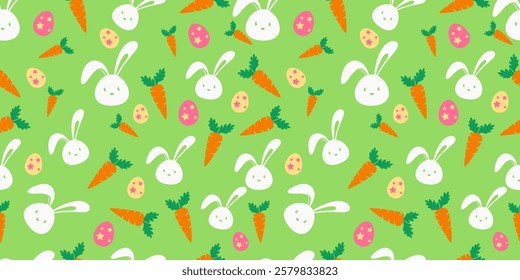 Green Seamless pattern with colorful easter eggs, carrots and rabbits