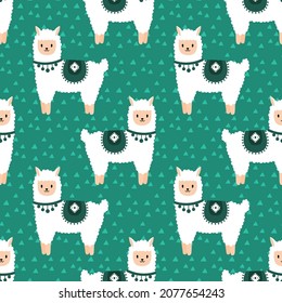 Green seamless pattern with cute alpacas. Cute and childish design for fabric, textile, wallpaper, bedding, swaddles or gender-neutral apparel.