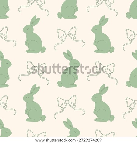 Green seamless pattern with cute rabbit and decorative bow on beige background. Festive Easter design for fabric, packaging, wallpaper, greeting cards, kids products and cover.