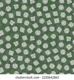 Green Seamless Pattern of D4, D6, D8, D10, D12, and D20 Dice for Board Games