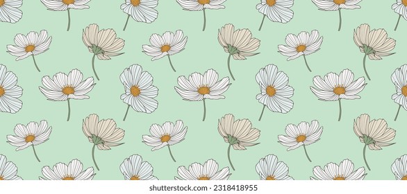 Green seamless pattern with delicate daisies. Floral pattern for textiles, wrapping paper, covers, wallpapers, item designs. Floral print.