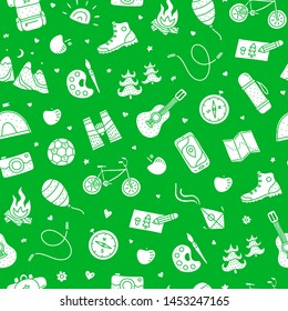 Green seamless pattern with doodle white kids camp, outdoor icons.