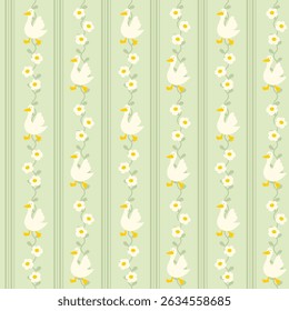 Green Seamless Pattern with Ducks and Flowers illustration. Cute Animal Repeat Design for Kids and Fabric