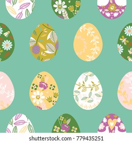 Green seamless pattern with easter eggs. Happy easter!