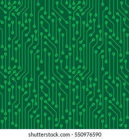 Green seamless pattern of electronic boards. Abstract wallpaper background of digital components.