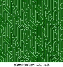 Green seamless pattern of electronic boards. Abstract wallpaper background of digital components.
