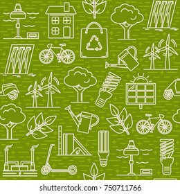 Green seamless pattern with energy and ecology symbols in thin line style.