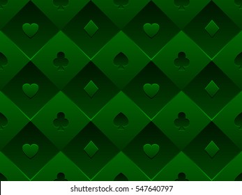 Green Seamless Pattern Fabric Poker Table. Minimalistic Casino Vector 3d Background With Texture Composed From Volume Card Symbol