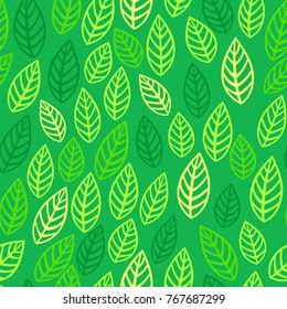 Green seamless pattern with flat cartoon leaves