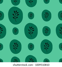 Green seamless pattern with floral elements - branches on the ellipse background. Fresh spring decor