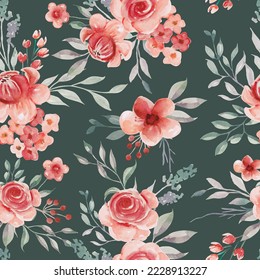 green Seamless Pattern floral rose red watercolor