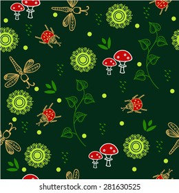Green seamless pattern with flowers and dragonfly.