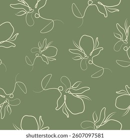 green seamless pattern with flowers, namely with a branch with magnolia blossom in line art style	