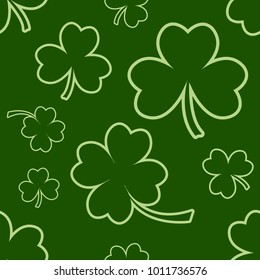 Green seamless pattern with four and tree leaf clovers for Saint Patrick's Day. Vector illustration