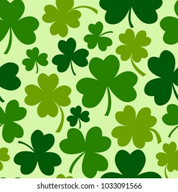 Green seamless pattern with four and tree leaf clovers for Saint Patrick's Day. Vector illustration