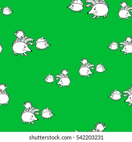 Green seamless pattern with funny hedgehogs with curly hairstyle. Cute hedgehog with apple on the head. Animals characters illustration for kids prints, fabric, clothes, wrapping paper, design.