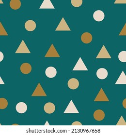 Green seamless pattern with geometric shapes, circles different colors, 1000x1000 pixels.