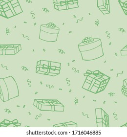 Green seamless pattern with gifts